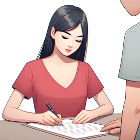 DALL·E 2023-10-26 01.19.49 – Illustration of the Asian woman in the V-neck red t-shirt, with straight black hair, focusing on signing each page of a document spread out in front o DALL·E 2023-10-26 01.19.49 - Illustration of the Asian woman in the V-neck red t-shirt, with straight black hair, focusing on signing each page of a document spread out in front o