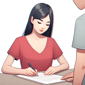 DALL·E 2023-10-26 01.19.49 - Illustration of the Asian woman in the V-neck red t-shirt, with straight black hair, focusing on signing each page of a document spread out in front o